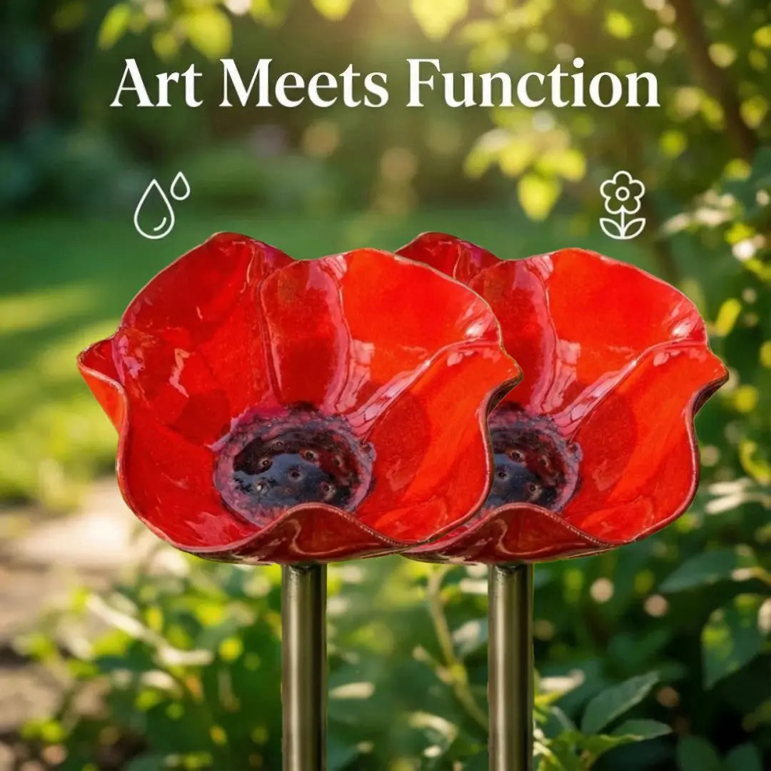 🌺 Red Poppy Metal Garden Stake – Mini Bird Bath & Pollinator Water Station