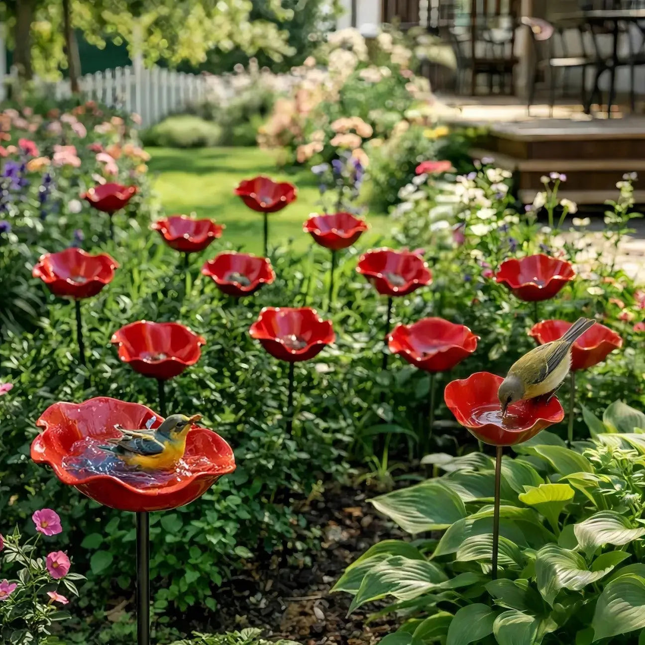 🌺 Red Poppy Metal Garden Stake – Mini Bird Bath & Pollinator Water Station