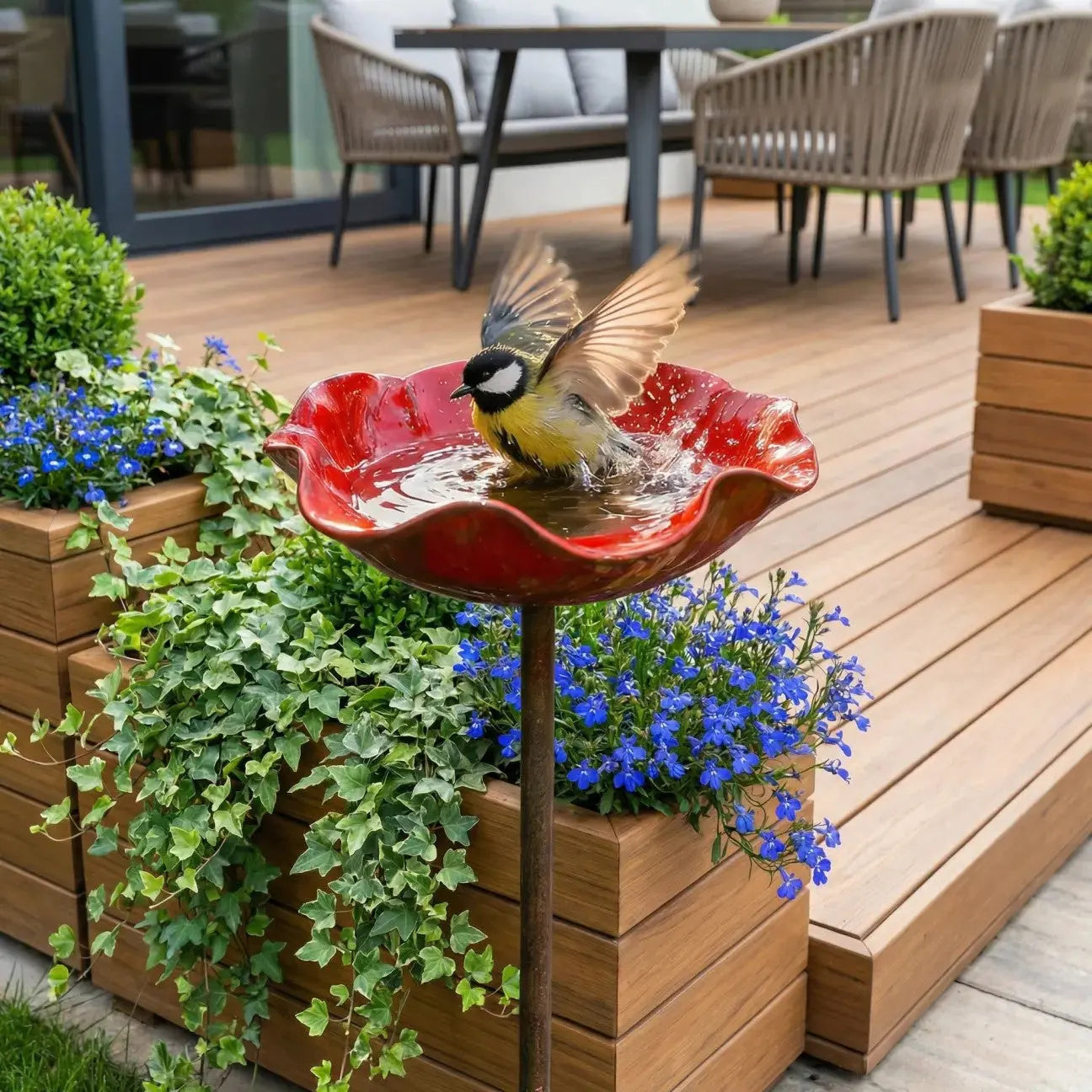 🌺 Red Poppy Metal Garden Stake – Mini Bird Bath & Pollinator Water Station