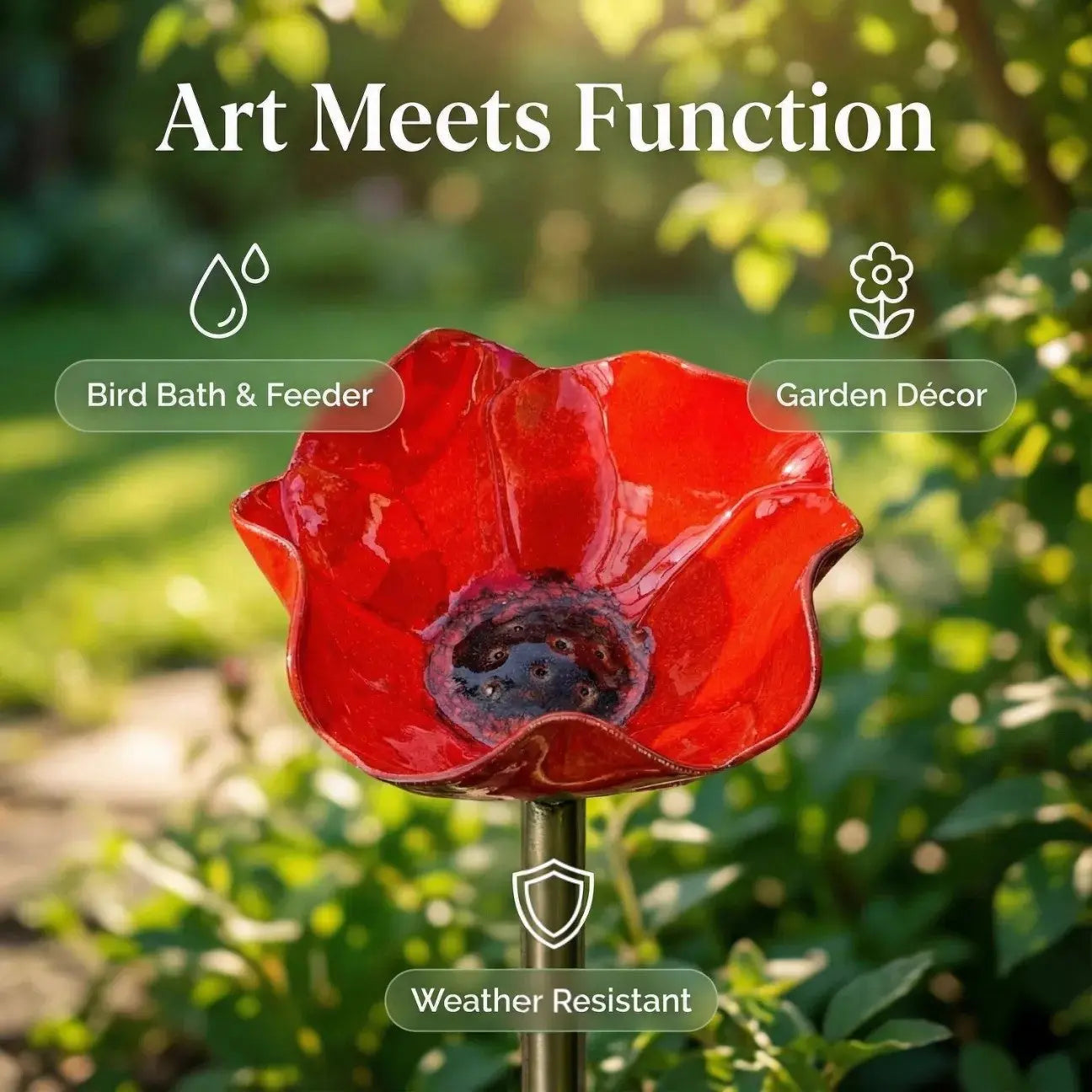 🌺 Red Poppy Metal Garden Stake – Mini Bird Bath & Pollinator Water Station
