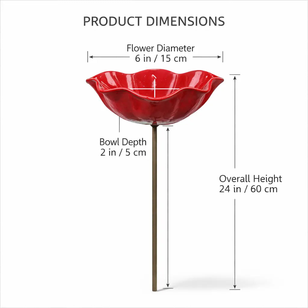 🌺 Red Poppy Metal Garden Stake – Mini Bird Bath & Pollinator Water Station