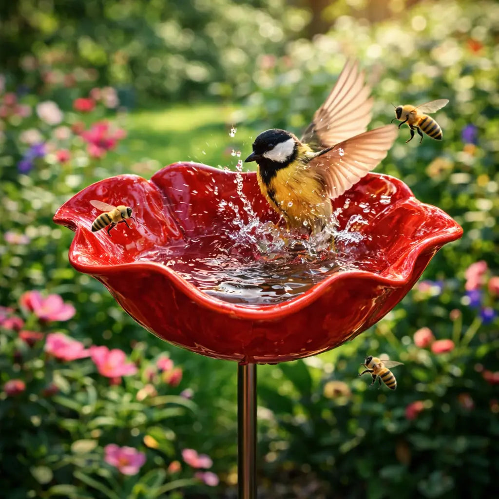 🌺 Red Poppy Metal Garden Stake – Mini Bird Bath & Pollinator Water Station