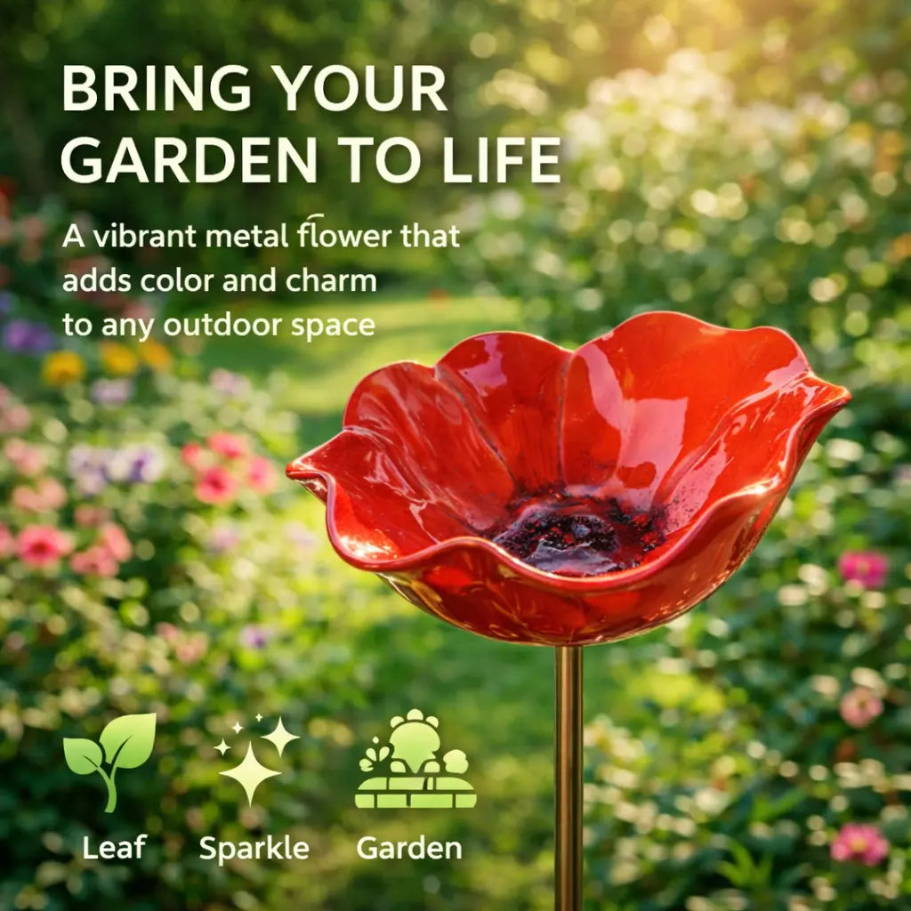 🌺 Red Poppy Metal Garden Stake – Mini Bird Bath & Pollinator Water Station