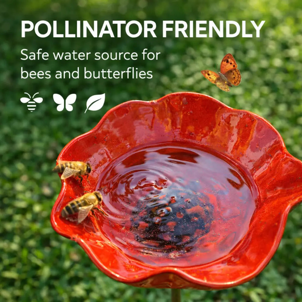 🌺 Red Poppy Metal Garden Stake – Mini Bird Bath & Pollinator Water Station
