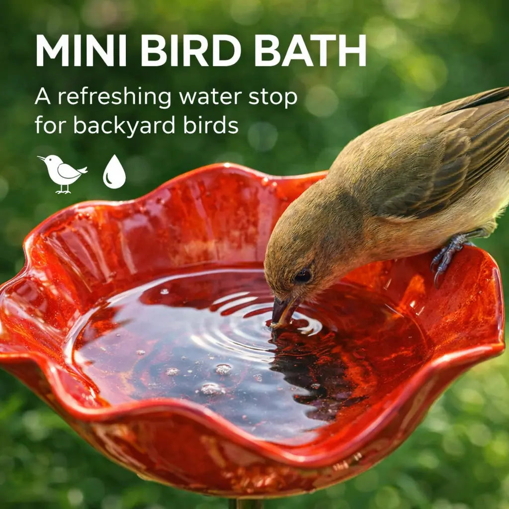 🌺 Red Poppy Metal Garden Stake – Mini Bird Bath & Pollinator Water Station